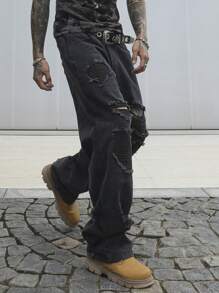 Manfinity EMRG Quần Jeans Nam Túi Và Quần Jeans Rách Dáng Thẳng Rộng Thường Ngày - màu đen - Xem 7