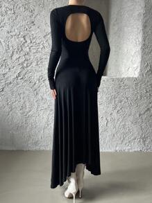 DAZY 1pc Women's Midi Length Backless Asymmetrical Hem Dress,Casual Women Dresses,Fall Dress Long Sleeve Dress - Black - View 5