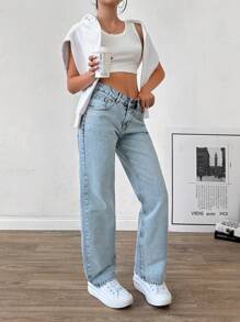 EURMUSE LOW RISE STRAIGHT CUT LONG HEM BOW PRINTED COQUETTE JEAN - Light Wash - View 4