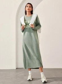 Mulvari Women Casual Letter Print Crew Neck Long Sleeve Sweatshirt, Versatile Design - Army Green - View 3