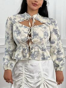 Lyrianda Plus Size Women Floral Print Tie Neck Puff Sleeve Elegant Blouse, Spring Summer