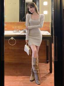 DAZY Women Square Neckline Long Sleeve Fitted Knitted Sweater Dress, Minimalist Style