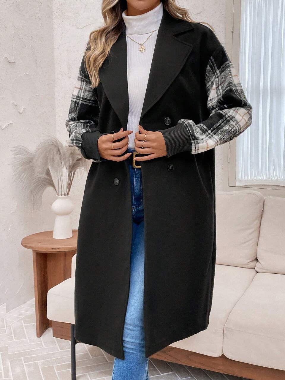 Women's Casual Plaid Patchwork Lapel Collar Double-Breasted Jacket