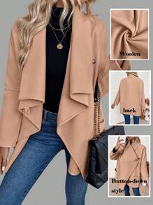 Chiquease Women Simple Solid Color Button Front Long Sleeve Casual Top - Khaki - View 3