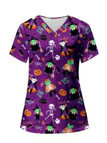 PopScrub 万圣节可爱卡通字母骷髅、吸血鬼、女巫和鬼魂印花 V 领短袖口袋护士制服女式手术服上衣 - 紫羅蘭色 - 查看 3