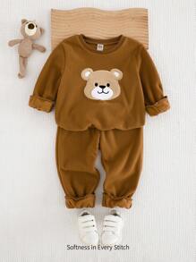 Cozy Pixies 2 pièces set: sweat-shirt à capuche à manches longues avec motif ours de bande dessinée col rond + Pantalon de jogging pour les jeunes garçons - Camel - Voir 5