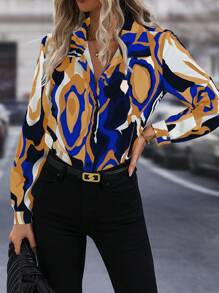 SHEIN LUNE Áo sơ mi nữ tay dài rộng rãi, đơn hàng khuy, in họa tiết toàn thân mùa thu - Nhiều màu - Xem 1