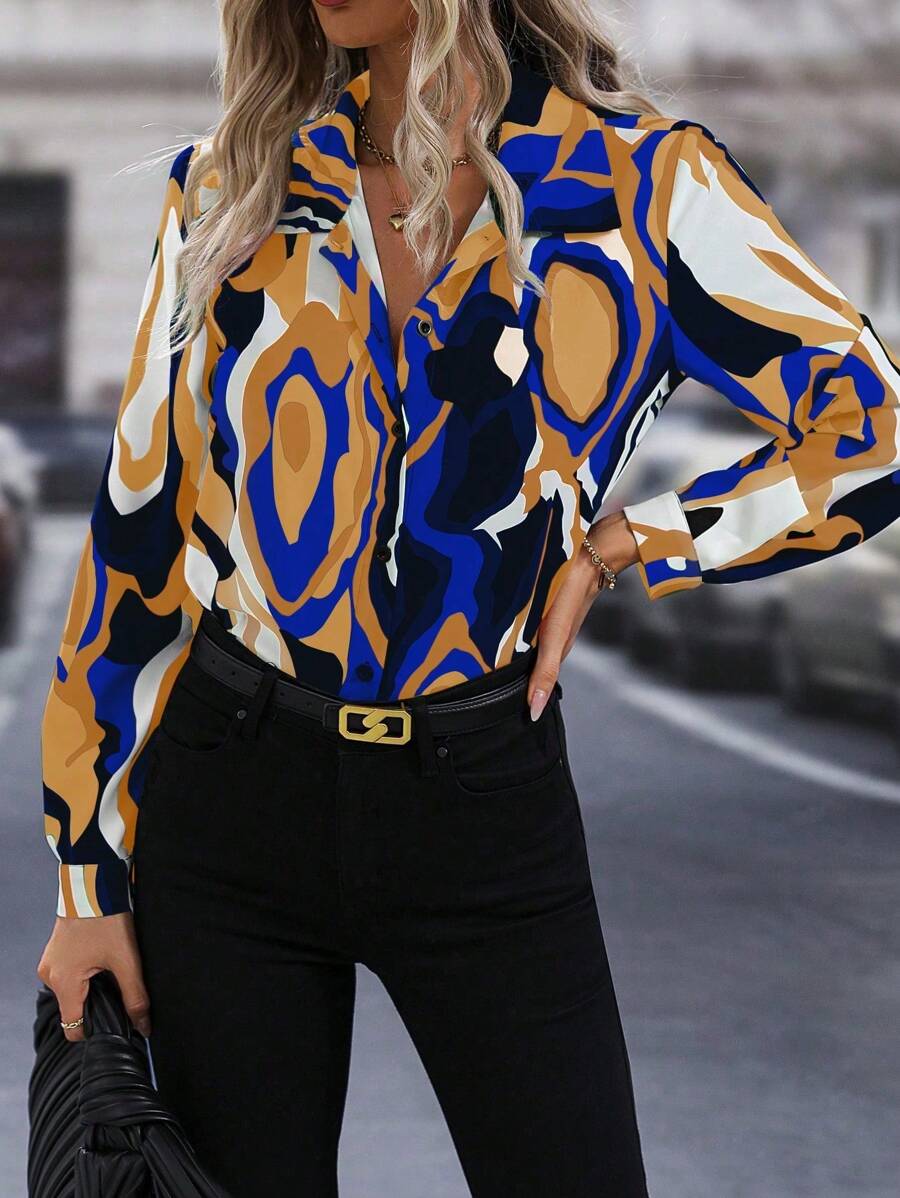 SHEIN LUNE Áo sơ mi nữ tay dài rộng rãi, đơn hàng khuy, in họa tiết toàn thân mùa thu - Nhiều màu - Xem 1