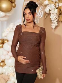 Loomaby Maternity Solid Color Square Neck Long Sleeve Ruched Casual T-Shirt, For Baby Shower Party - Coffee Brown - View 4