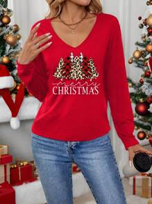 EMERY ROSE Christmas Casual V-Neck Long Sleeve Women's T-Shirt With Christmas Tree Pattern, Suitable For Autumn/Winter