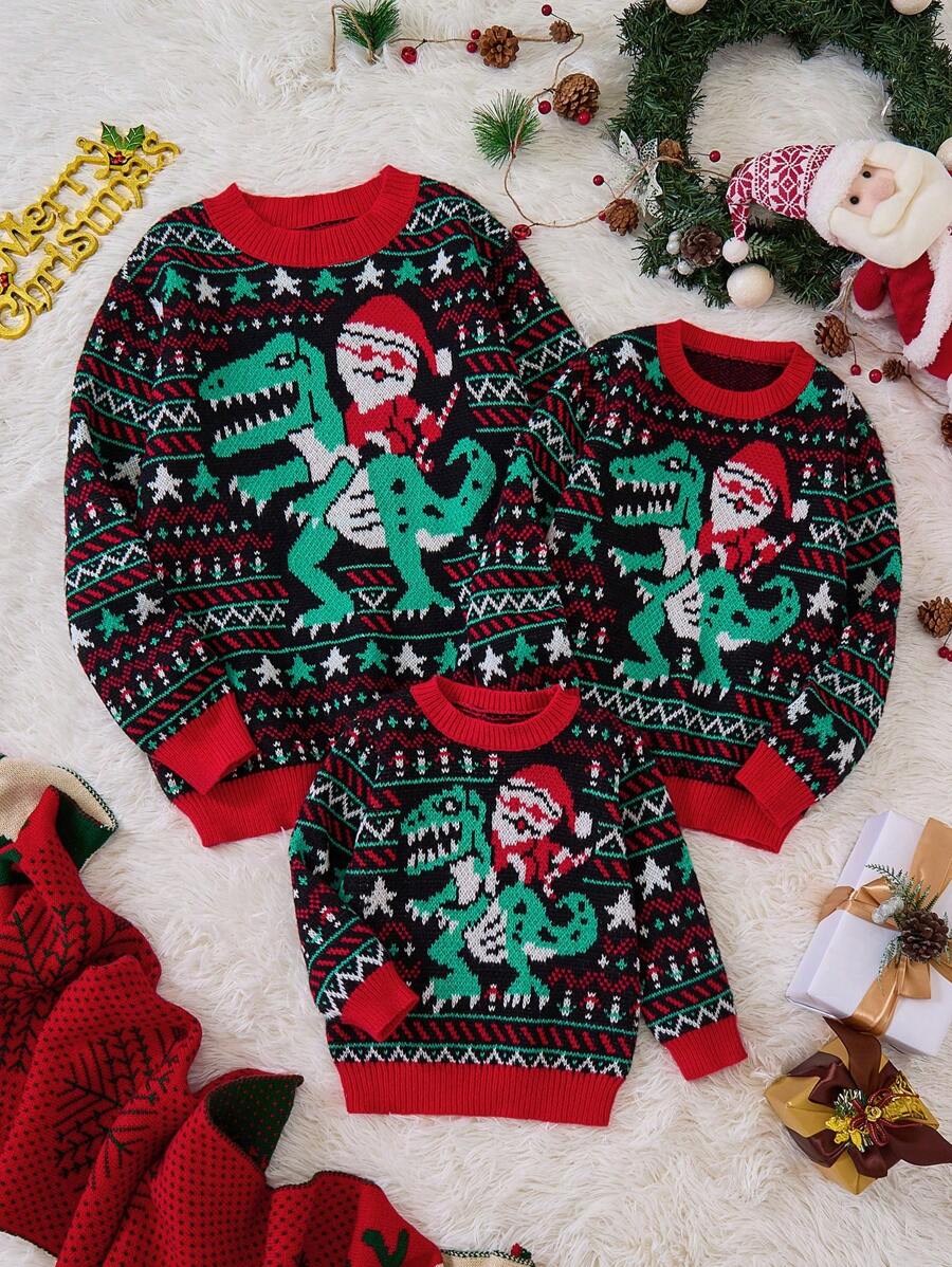 Áo len dài tay màu đen họa tiết khủng long Shetland và ông già Noel dành cho bé trai tuổi teen, thời trang Giáng sinh, mùa thu/đông - Áo đôi bố con (3 món bán riêng lẻ) - màu đen - Xem 1