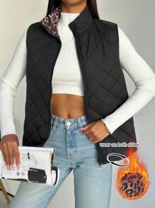 SHEIN Privé 双面黑色豹纹保暖内衬背心/夹克，冬季外套 - 彩色 - 查看 1