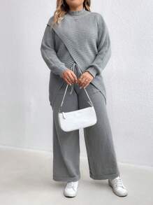 SHEIN LUNE Plus Size Casual Solid Color Stand Collar Cross Wrap Front Sweater And Drawstring Waist Wide Leg Sweater Pants Set Fall Cloth For Women - Grey - View 4