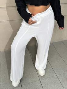 SHEIN EZwear Plus Size Women Solid Color Toothpick Stripe Design Straight Leg Loose Casual Pants