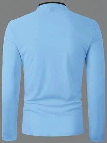 Manfinity Homme Men's Deer Antler Embroidery Half Zip Long Sleeve Polo Shirt, Autumn, For Fall - Blue - View 2