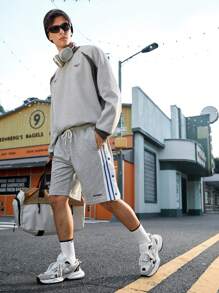 Sport MetroGents 男友风男士抽绳腰侧条纹宽松休闲运动短裤灰色短裤 - 灰色 - 查看 6