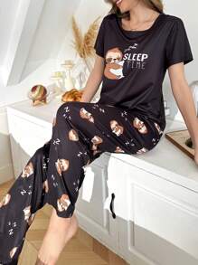2pcs Set Cute Sloth Print Short Sleeve T-Shirt & Pants Pajama - Black - View 3