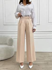 RueChic Women Solid Color Mid Waist Wide Leg Pants - Beige - View 6