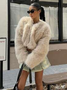 SHEIN EZwear 秋冬女士米色蓬松短款外套 - 杏色 - 查看 4