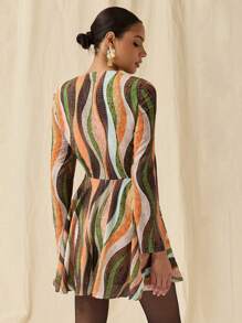 COSMINA 女式时尚撞色收腰长袖迷你连衣裙