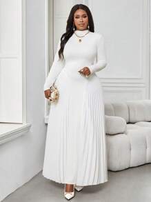 SHEIN Lady Autumn And Winter Elegant Work Office White Knitted Stand Collar Pleated Flowy Pleated Long Long Sleeve Plus Size Dresses Fall Women Outfits Winter Women Dress Elegant Women Dresses Fall Clothes Curve