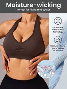 SHEIN Sports Sujetador deportivo de unicolor plisado para uso diario y fitness para mujer - Café integral - Ver 6