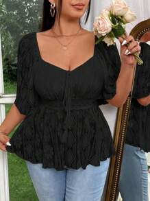 Celure 大码休闲纯色蕾丝荷叶边腰短袖衬衫，秋季荷叶边上衣 - 黑色 - 查看 1