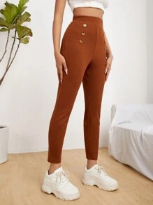 SHEIN PETITE High Waist Double Button Skinny Cropped Trousers - Rust Brown - View 5