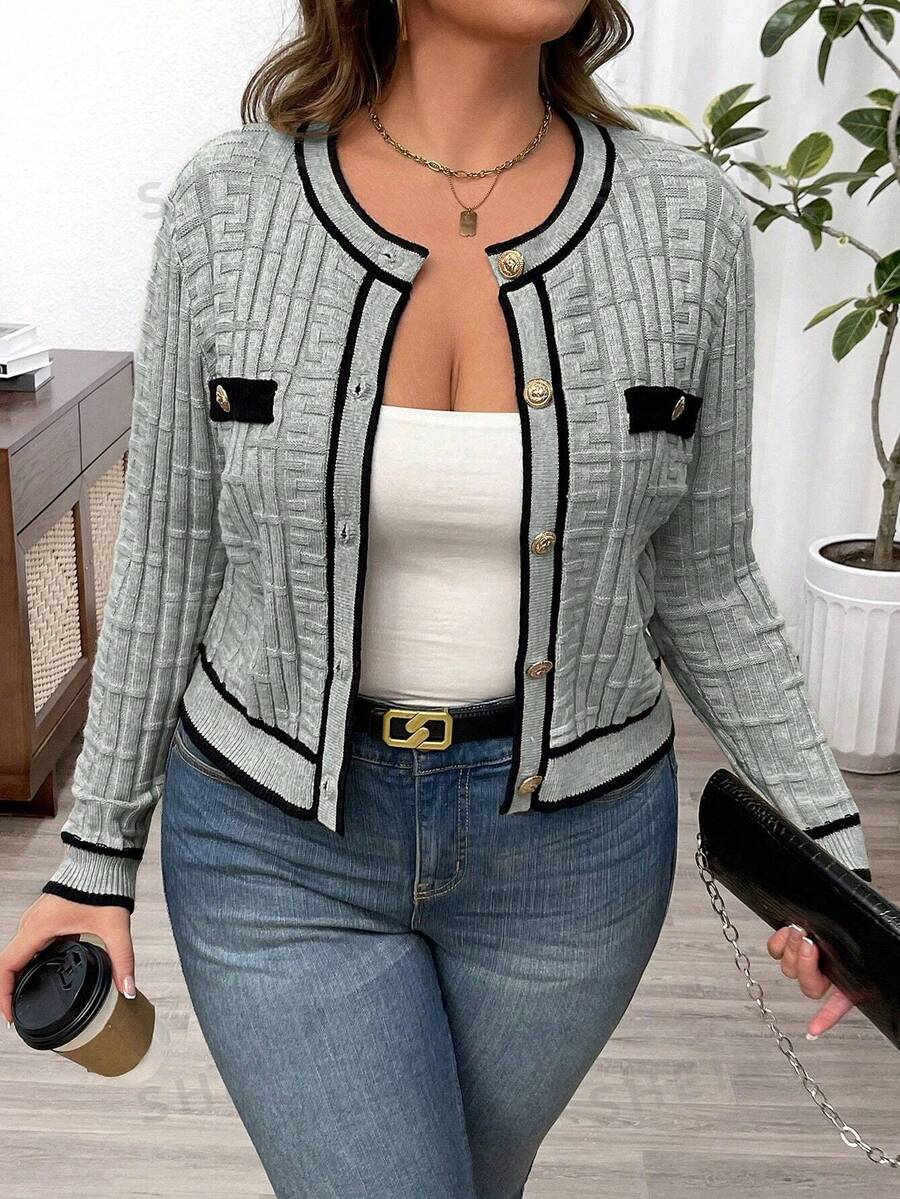 Breezaya Cárdigan tejido con botones y entallado de contraste para mujer de talla grande, para el invierno