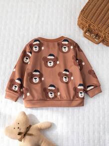 Cozy Pixies Baby Boy Cartoon Christmas Bear Print Crew Neck Long Sleeve Raglan Sweatshirt - Brown - View 2
