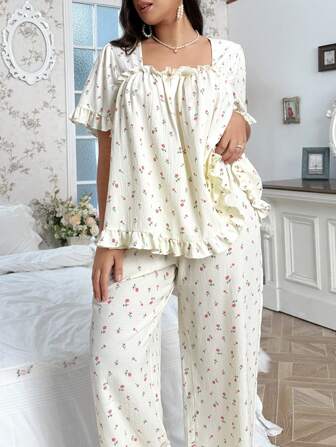 CottageSlumber Plus Size Women's Pajama Sleepwear Set With Large Rose Printed Square Neckline And Bow Bountiful Floral Splendor Cozy And Elegant Details