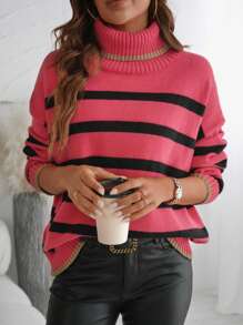 Chiquease New Loose Knit Jumper Sweater, Casual & Comfortable European And American Style, Stripe Pattern, Soft Fabric, Suitable For Autumn/Winter Knit Pullover Fall Outfit