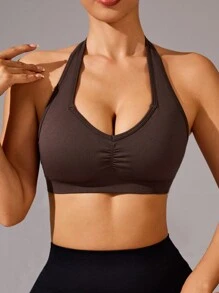 SHEIN Sports Sujetador deportivo de unicolor plisado para uso diario y fitness para mujer - Café integral - Ver 5