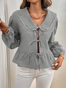 Chiquease 女式彼得潘领格子衬衫，系带，荷叶边，纽扣领，长袖荷叶边上衣 - 黑色 - 查看 5
