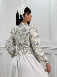 Lyrianda Plus Size Women Floral Print Tie Neck Puff Sleeve Elegant Blouse, Spring Summer