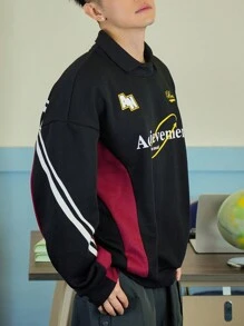 DAZY Men's Patchwork Letter Print Pullover Sweatshirt, Autumn - Black - View 9