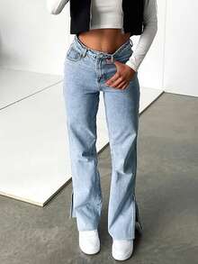 休闲美式女式侧开衩直筒牛仔裤 - 淺色水洗藍 - 查看 1