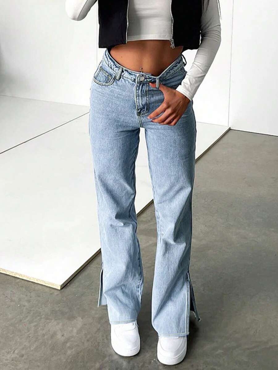 休闲美式女式侧开衩直筒牛仔裤 - 淺色水洗藍 - 查看 1