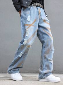 Manfinity EMRG Men's Casual Ripped Distressed Print Loose Fit Washed Denim Jeans, Autumn Light Blue Jeans, For Husband, Boyfriend Gifts - Blue - View 5