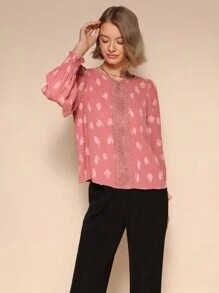 Chiquease Blusa elegante de manga larga con cuello redondo y parches de encaje para mujer