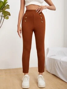 SHEIN PETITE High Waist Double Button Skinny Cropped Trousers - Rust Brown - View 2