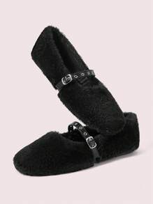 CUCCOO DOLLMOD New European Style Mink Wool Round Toe Flat Slip-On Monk Strap Women Loafers New Year Holiday Valentines