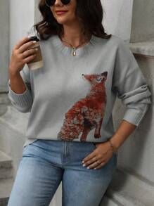 SHEIN LUNE Plus Size Casual Animal Pattern Drop Shoulder Sweater, Herfst/Winter