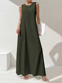 Al Najma 一件式女士休闲纯色圆领无袖阿拉伯连衣裙 - 軍綠色 - 查看 6