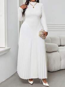 SHEIN Lady Autumn And Winter Elegant Work Office White Knitted Stand Collar Pleated Flowy Pleated Long Long Sleeve Plus Size Dresses Fall Women Outfits Winter Women Dress Elegant Women Dresses Fall Clothes Curve
