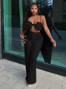 Slaydiva 新款优雅休闲度假纯色3D立体花卉文胸上衣高腰阔腿裤两件套 - M - 黑色 - 查看 5