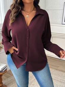 Vionelle Blusa suelta de mujer de talla grande con cuello de camisa y hombros caídos, de unicolor, para primavera y otoño