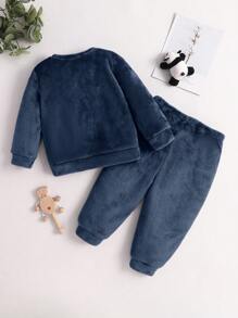 SHEIN Leap Crew 2 件套男宝宝秋冬毛绒长袖睡衣套装，带有可爱熊猫刺绣，适合日常居家穿着 - 藏蓝色 - 查看 2