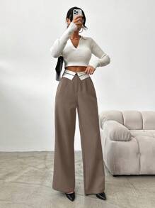 EURMUSE Women's Spring Autumn High Waist Flared Wide Leg Loose Straight Palazzo Pants With Rolled Hem, Elegantly Draping