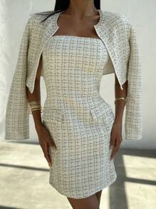 Firerie Autumn/Winter Elegant Tweed Pearl Decor Cropped Jacket Set & Tube Top Mini Skirt Suit, Party & Date Outfit - White - View 5